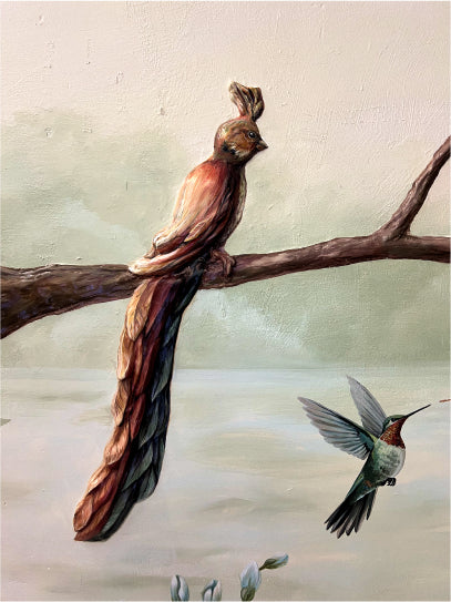 Hand-painted mural with bas-relief elements for Canto UWS Italian restaurant. Two birds.