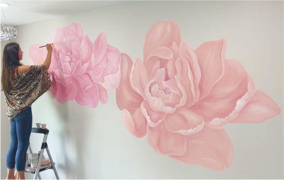Wall mural with hand-painted peonies  for the nursery room 